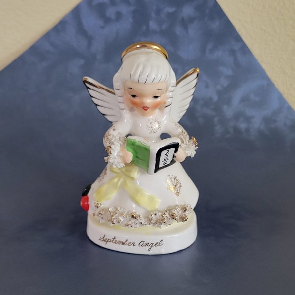 Vintage 1950s Napco September Birthday Girl Angel Ceramic Figurine, Spaghetti Trim, Hand Painted, Made In Japan, A1369
