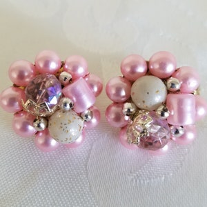 Vintage 1950s Pink And Gold Cluster Style Clip On Earrings, Marked Japan, Springtime Or Wedding Earrings, Pretty In Pink