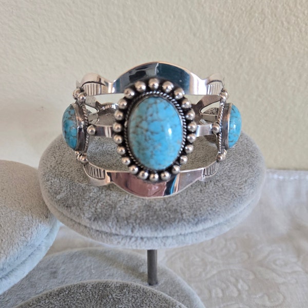 Vintage 1970s Silver and 3 Stone Turquoise Open Cuff Bracelet, Stamped Mexico 925