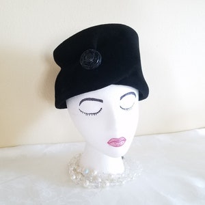 Vintage 1950s Hats By Louis Black Velour Pillbox Hat With A Black Beaded Front Design, Roma Finest Quality Velour, Body Made In Italy