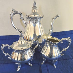 Vintage Silverplate Coffee Tea Set by Wallace Grand Baroque, Creamer, Sugar Bowl