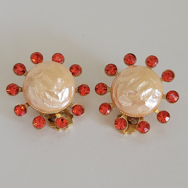 Vintage 1960s Peachy Champagne Cabochon Bead Clip-on Earrings with Bright Orange Rhinestones