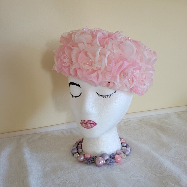 Vintage 1950s Shades of Pink Floral Pillbox Hat, Pink Faux Pearl Tips, Easter Bonnet, Church or Wedding Hat