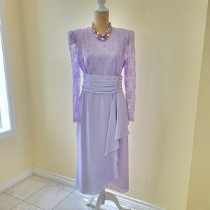 Lavender Lace and Crepe Cocktail Dress by After Dark 80s Vintage, Size 13/14, Ruched Waist Waterfall Skirt, Wedding Guest, MOB or MOG Dress