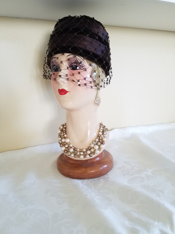 Vintage 1960s Brown Satin And Velvet Cloche Hat By