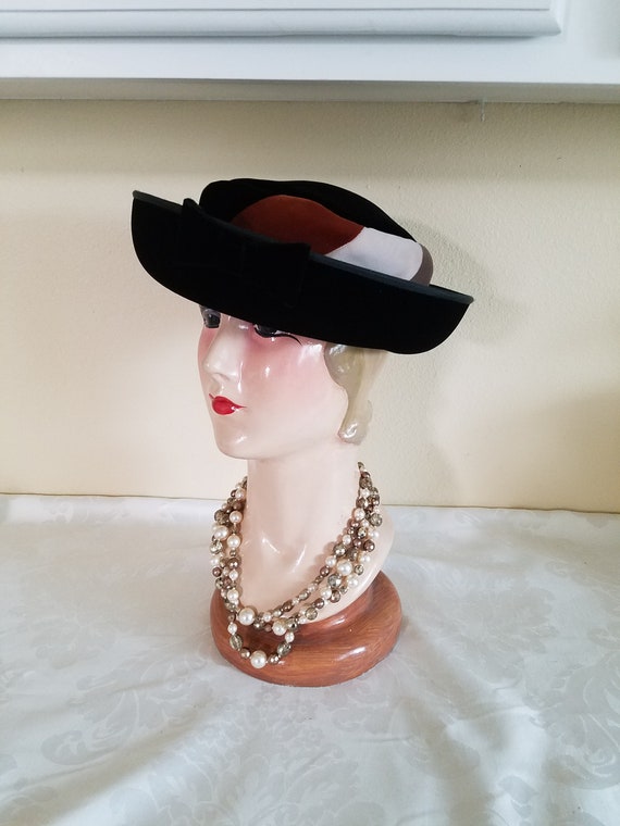 Vintage 1960s Breton Style Black Velvet Hat with … - image 1