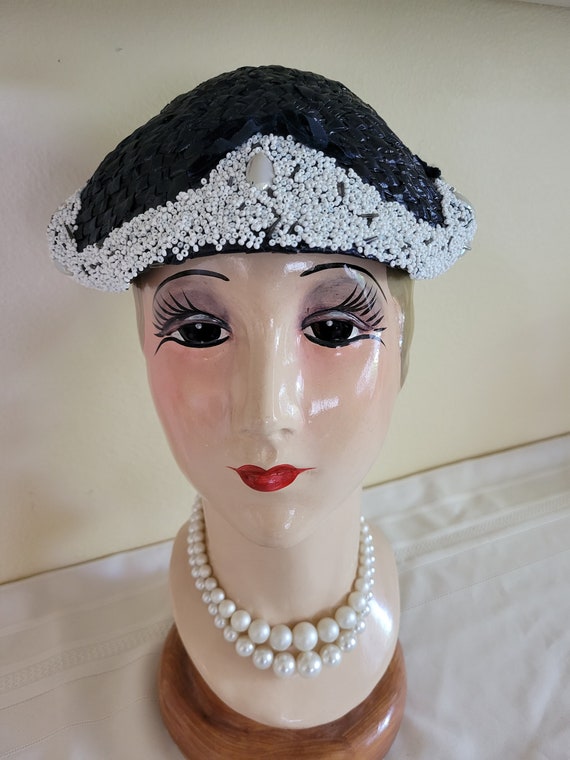 Vintage 1950s Eva Mae Navy Blue Woven Raffia Hat,… - image 2