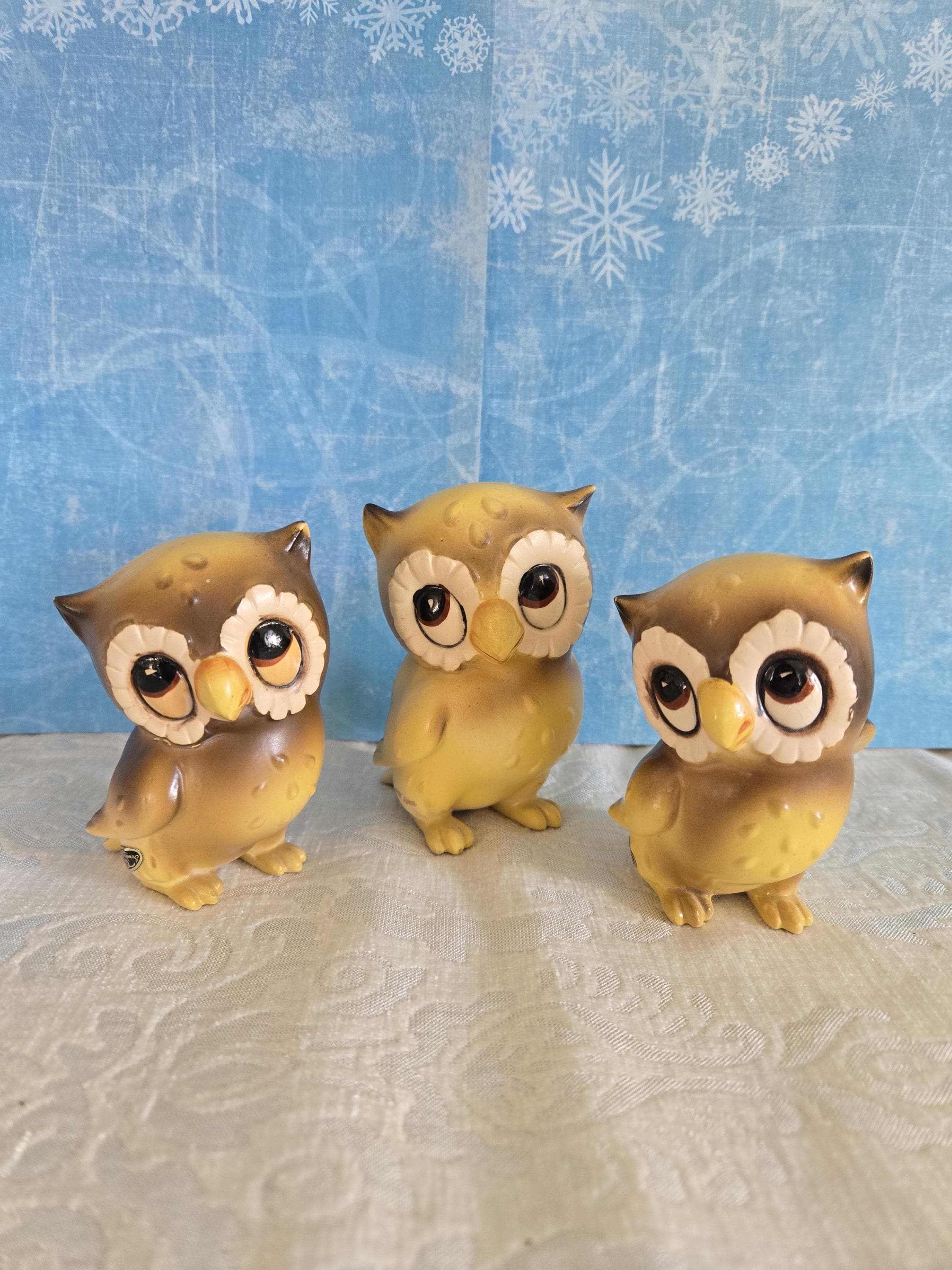 Vintage 1960s Josef Originals Ceramic Owls Set of 3, MCM Yellow and Brown, Made in Japan