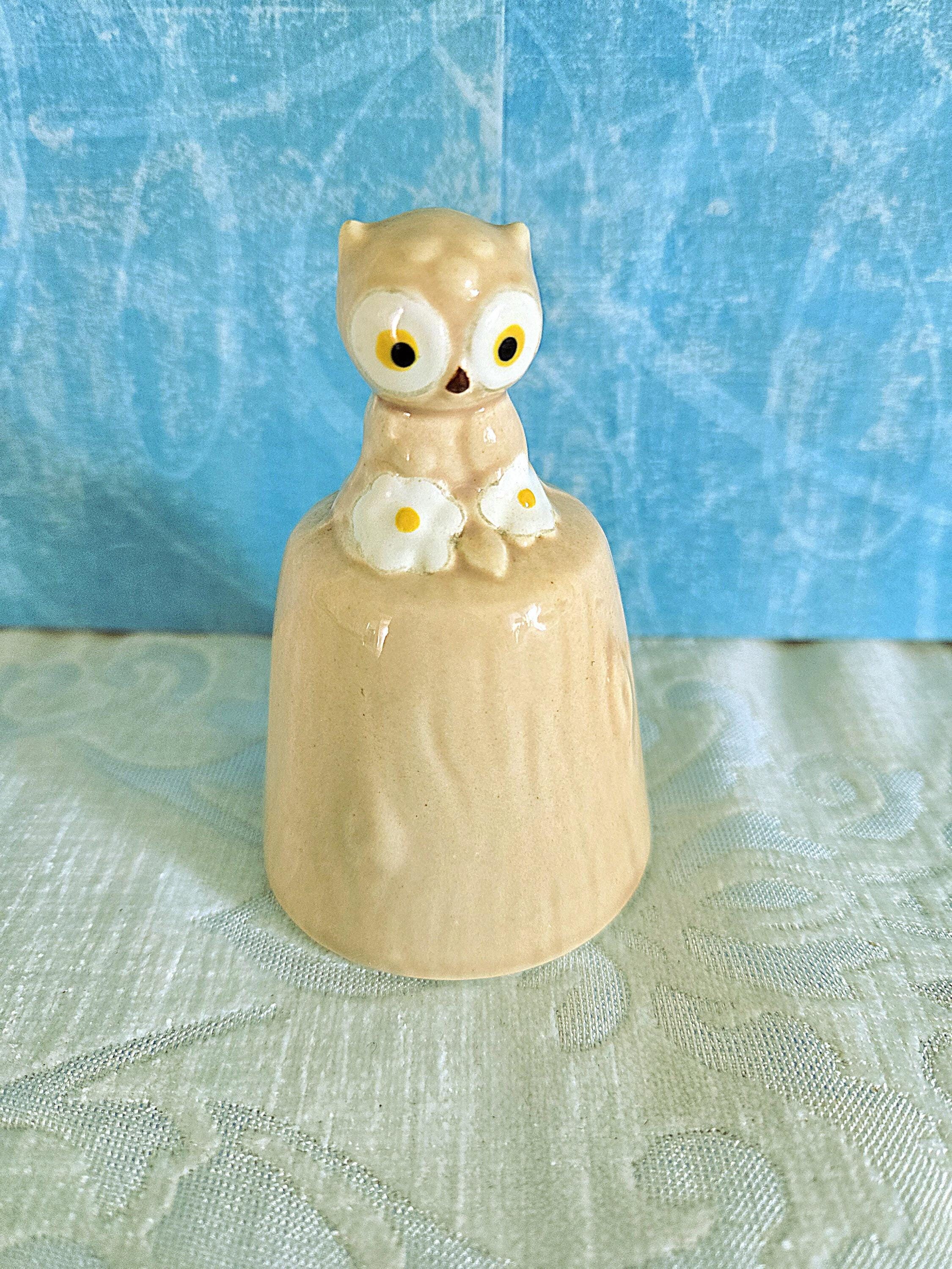 Vintage 1970s Josef Originals Ceramic Owl Bell, Owl with Daisies, Made in Japan