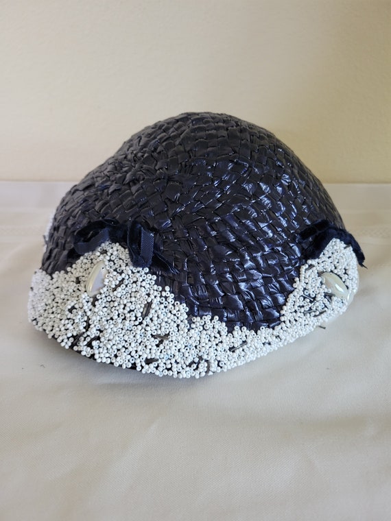 Vintage 1950s Eva Mae Navy Blue Woven Raffia Hat,… - image 8