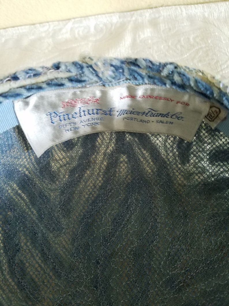 Vintage 1940s Pinehurst Pillbox Hat Blue Hat With Veil Made Expressly For Meier /& Frank Co Sequined And Velvet Hat Union Label Hat