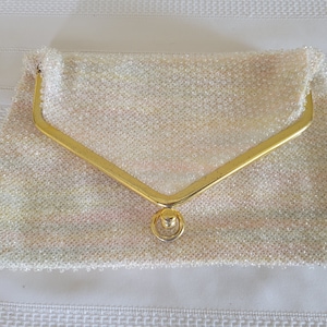 Vintage 1950s Soft Pastel Stripe Fold Over Clutch Handbag, Corde Bead By Lumured, Clear Corde Beads, Pink Blue and Yellow Stripe Background