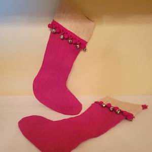 Vintage 1960s Red Burlap Christmas Stockings, Silver Jingle Bells and Red Pompoms, Holiday Decoration