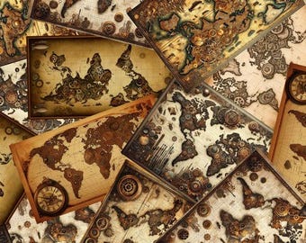 Maps Cotton Fabric by the Yard - Steampunk Menagerie Collection