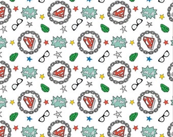 Tossed Doodle White Cotton Fabric by the Yard - Superman Doodges Collection
