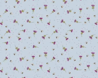 Heather and Bee Light Blue Cotton Fabric by the Yard - Metallic - Celtic Faeries Collection