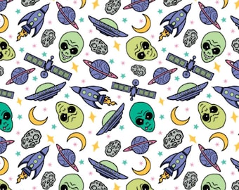 Alien Invasion White Cotton Fabric by the Yard - I Want to Believe Collection
