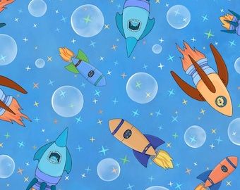 Rush Hour Spaceships Light Blue Cotton Fabric by the Yard - Space Monsters Collection