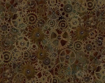 Large Gears Brown Cotton Fabric by the Yard - Steampunk Menagerie Collection