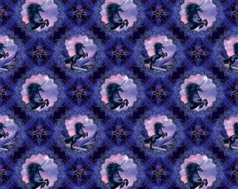 Medallions Navy Blue Polyester Fabric by the Yard - Unicorn Magic Collection