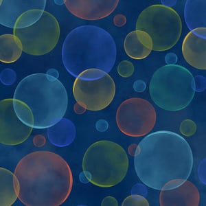 May include: A seamless pattern featuring overlapping, translucent circles in shades of blue, yellow, orange, and green against a dark blue background. The circles vary in size, creating a dynamic and playful design, reminiscent of bubbles.
