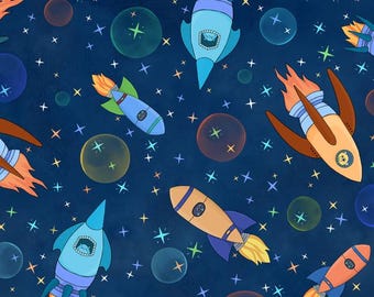 Rush Hour Spaceships Dark Blue Cotton Fabric by the Yard - Space Monsters Collection