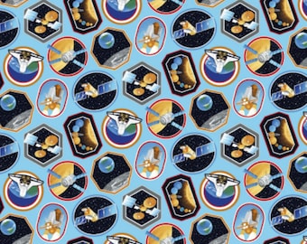 Space Decals Light Blue Cotton Fabric by the Yard - Space Race Collection