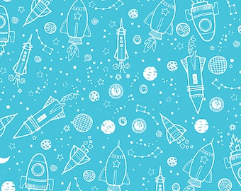Space Galaxy Turquoise Cotton Fabric by the Yard - Lift Off Collection