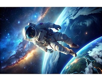 Space Walking Astronaut Cotton Fabric Panel (13.25x20.25 Inches)