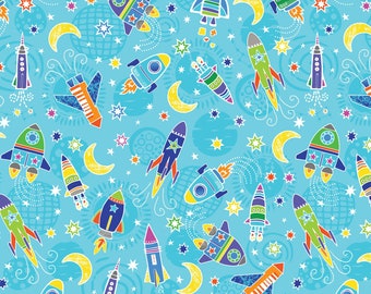 Out of Orbit Turquoise Cotton Fabric by the Yard - Lift Off Collection