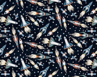 Tossed Rockets Navy Cotton Fabric by the Yard - Glow in the Dark - Milky Way Collection