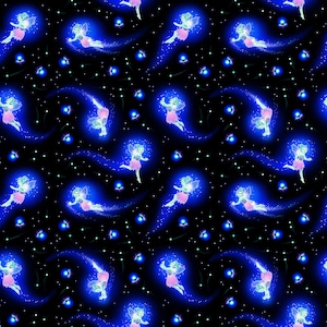 May include: A seamless pattern featuring glowing fairies flying through a dark blue night sky with twinkling stars and small flowers. The fairies are wearing pink dresses and have blue wings.
