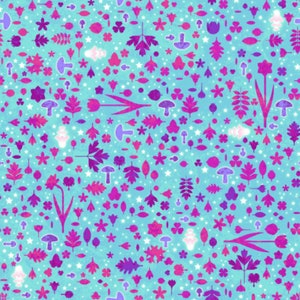 May include: A seamless pattern featuring a variety of pink, purple, and white floral and leaf shapes on a light blue background. The pattern includes flowers, leaves, stars, and mushrooms.