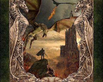 Multicolor Panel Scene Cotton Fabric - Dragons "The Ancients" Collection
