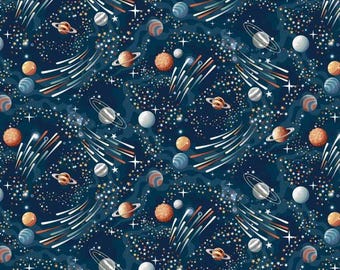 Shooting Stars Navy Cotton Fabric by the Yard - Glow in the Dark - Milky Way Collection