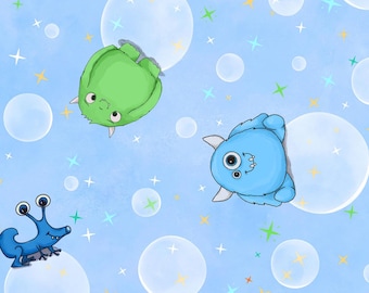 Bubbles Monsters Cotton Fabric by the Yard - Space Monsters Collection