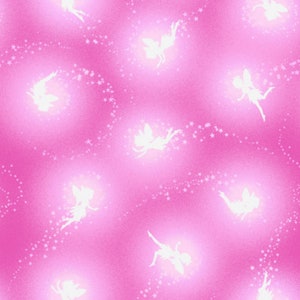 May include: A pink background with a repeating pattern of white fairies and stars. Each fairy is surrounded by a glowing aura, with trails of stars curving around them. The overall design is whimsical and magical.
