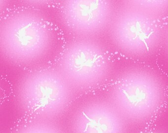 Tossed Pixie Silhouettes Pink Cotton Fabric by the Yard - Glow in the Dark - Petals and Pixies