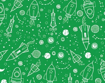 Space Galaxy Green Cotton Fabric by the Yard - Lift Off Collection