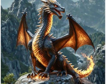Dragon on Fire Cotton Fabric Panel (13.5x13.5 Inches)
