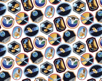 Space Decals White Cotton Fabric by the Yard - Space Race Collection