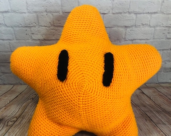 Mario Yellow Star Hand Crochet Fan Art Pillow