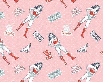 Words of Affirmation Light Pink Cotton Fabric by  the Yard - Wonder Woman 2 Collection