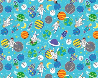 Intergalactic Universe Turquoise Cotton Fabric by the Yard - Lift Off Collection