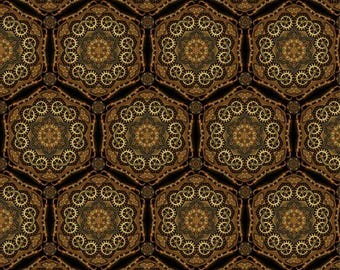 Gears Stars Gold Cotton Fabric by the Yard - Steampunk Menagerie Collection