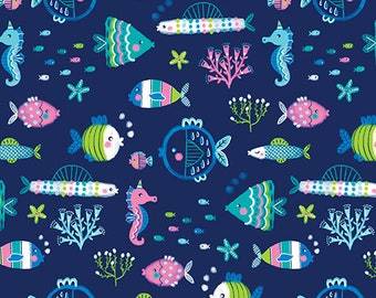 Underwater Friends Navy Cotton Fabric by the Yard - Pearlescent - Mystical Mermaids Collection