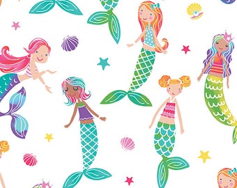 Mermaid Friends Cotton Fabric by the Yard - Mystical Mermaids Collection - Kanvas Studio 12514P