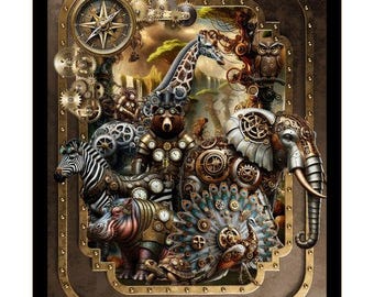 Large Cotton Fabric Panel (13.5x13.5 Inches) - Steampunk Menagerie Collection