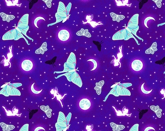 Moths and Moons Cotton Fabric by the Yard - Magic Moon Garden Collection - Henry Glass 787G-55