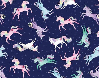 Blue Magical Unicorns Fabric by the Yard - Fairytale Dreams Collection